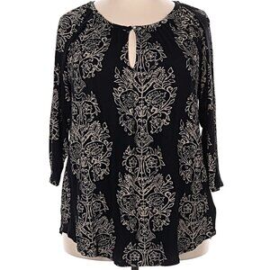 Lucky Brand Black/Tan Print Popover 3/4 Sleeve Top and Keyhole Neckline Size 1X